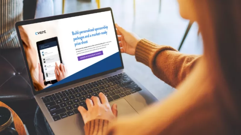 A woman holding a laptop with a screen that says "Build personalized sponsorship packages and a market-ready price sheet".