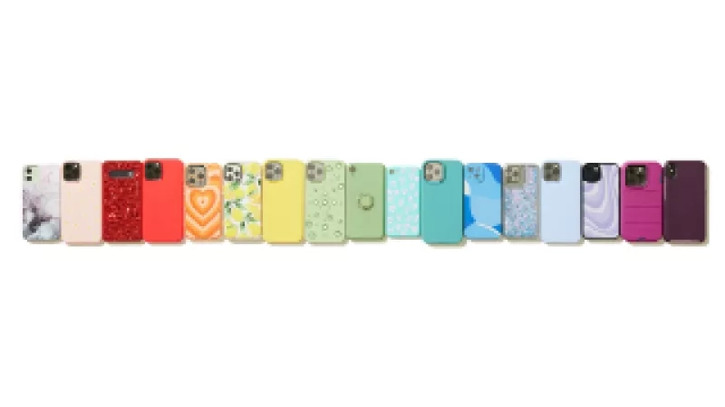 A row of colorful phone cases with unique designs is displayed on a white background.