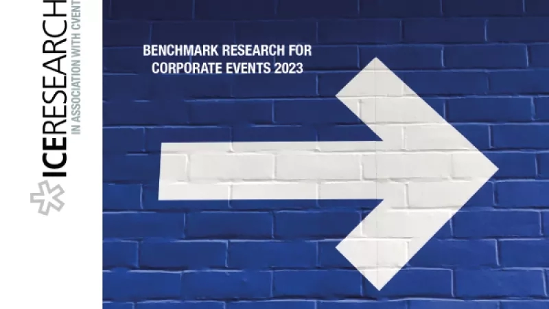 White arrow pointing right on blue background, representing corporate events and research for 2023.