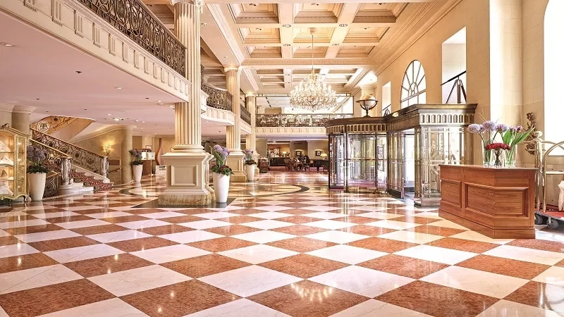 The opulent lobby of the Gresham Hotel with its elegant decor and spacious interior.