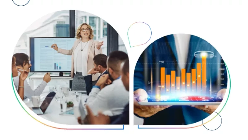 A person is giving a presentation in a meeting room and another person holding a smartphone with a graph.