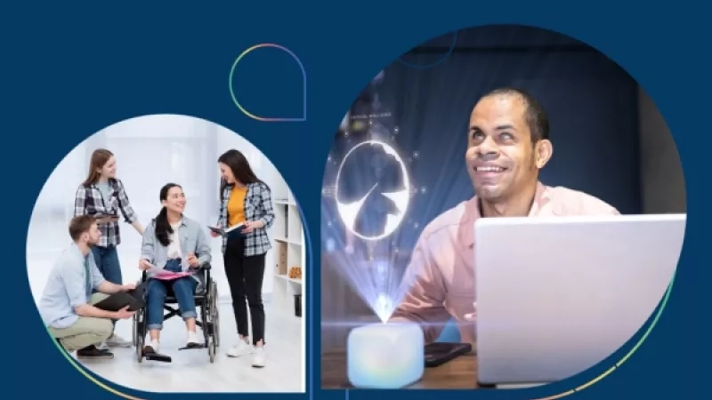 Collage of two images showing people working and a man using a projector.