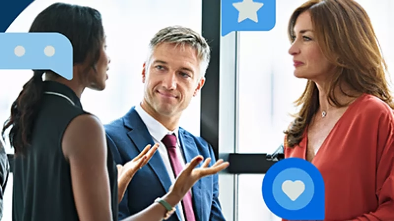 Three people discussing with speech bubbles with star, heart, and three dots in them.