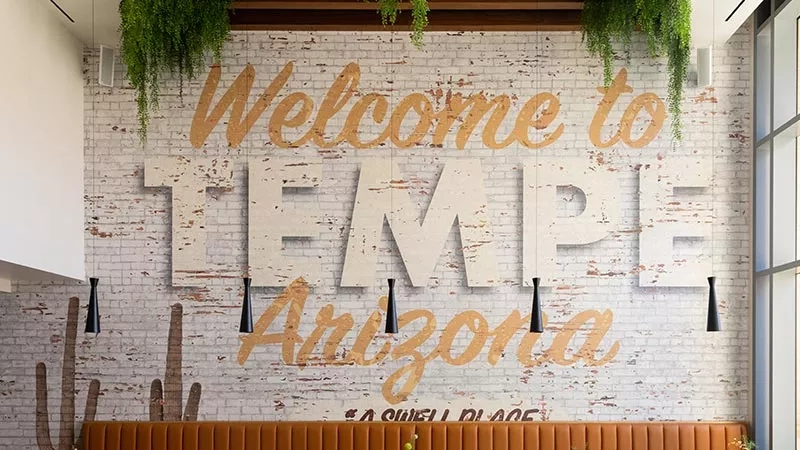 Tempe Arizona text on a brick wall with hanging plants and cactus in the background.