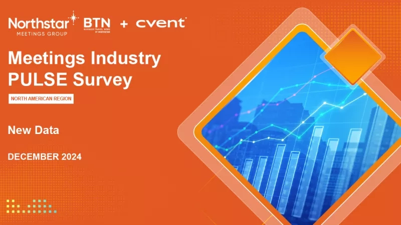 Northstar Meetings Group Pulse Survey poster featuring a cityscape and blue graphs on an orange background.