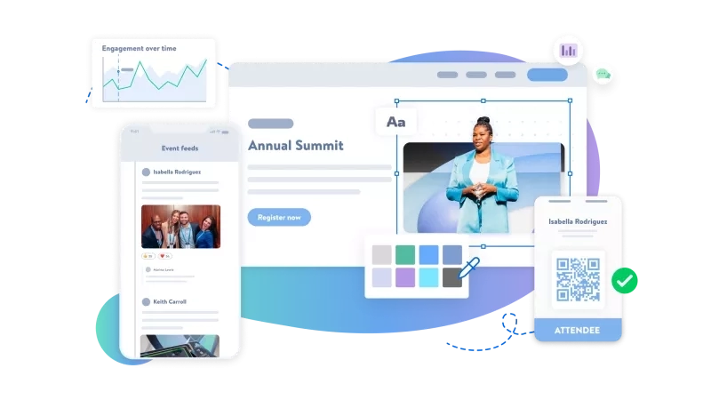 A visual of the EMM platform with the title Annual Summit, and an attendee on the bottom right.