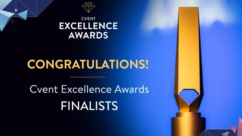 A golden trophy on a blue background with the text "Cvent Excellence Awards Finalists" in the center.