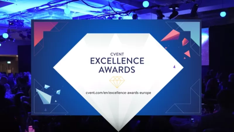 The screen displays the words "Cvent Excellence Awards" in front of a crowd of people.