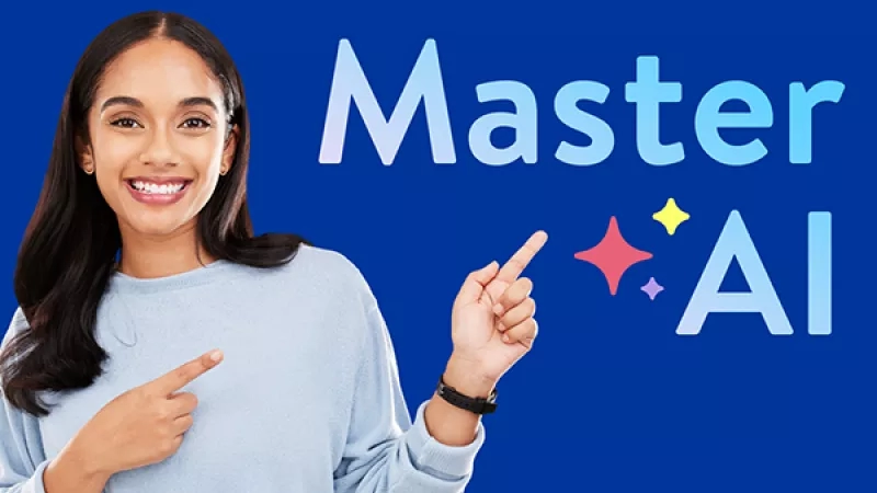 A person in casual attire points towards the text "Master AI"