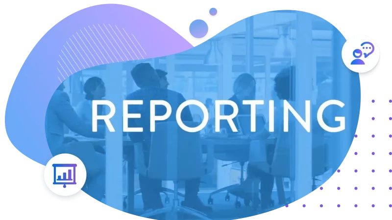 blue purple blob with reporting written on it along with 2 icons representing data and connection.