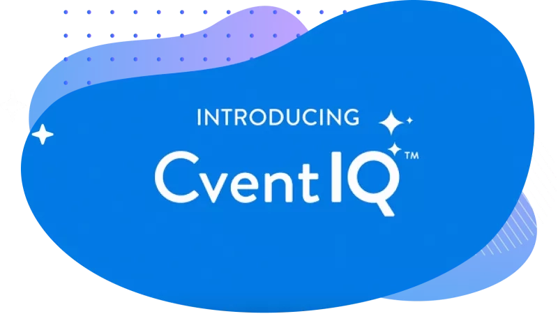 a blue blob with cvent iq written on it with decorative elements on the background.
