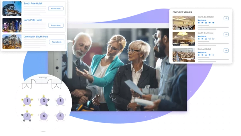 Illustration of cvent's product showing booking and layouting options