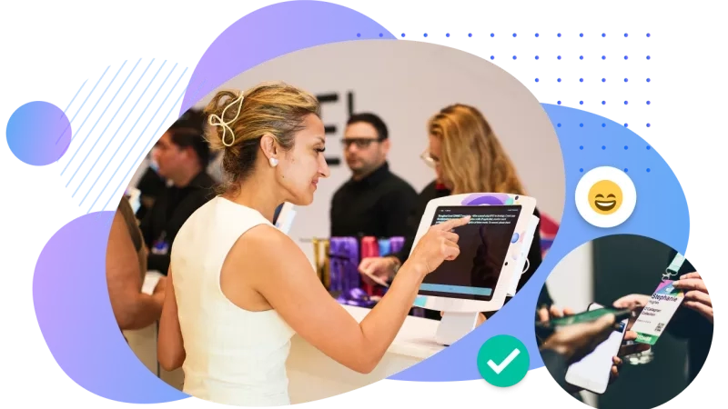 A person at an event check-in counter taps a self-service tablet while staff work in the background; decorative shapes overlay the image, with small callouts showing a smiling emoji and a close-up of a mobile badge scan.
