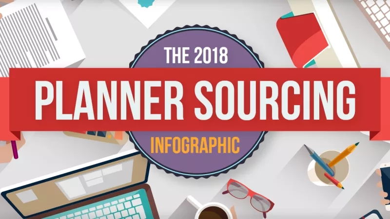 2018 Planner Sourcing infographic with a hand holding a pen and paper and a laptop.