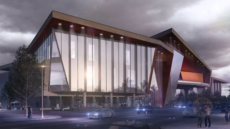 Artist's rendering of the OKC Event Center with cars, trees, and people in the foreground.