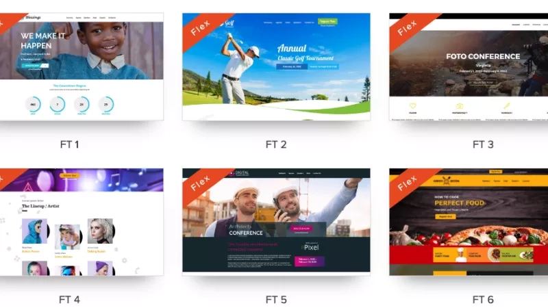 Flex: six responsive HTML templates with different themes, including architecture, landscaping, and ambiance, for your website.
