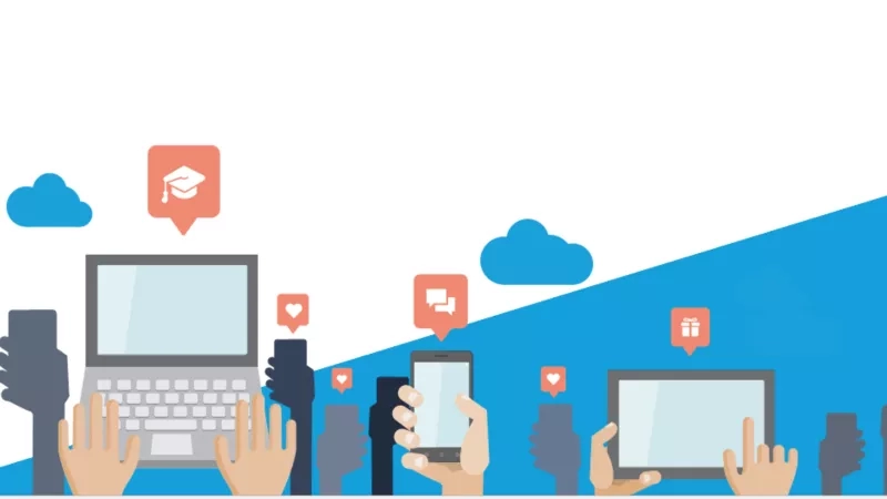 Illustration of hands holding devices with icons representing advocates and their activities on them.