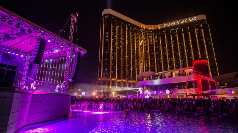 Concert at Mandalay Bay hotel in Las Vegas with a large crowd in front of a stage.