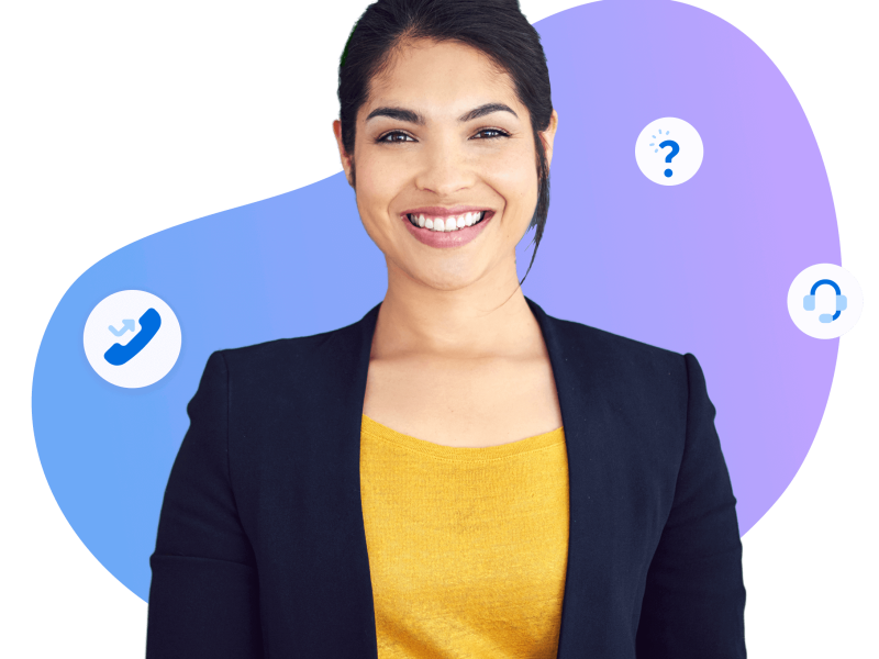 Illustration of a support representative talking on the phone, with a call divert icon and a question mark icon nearby, symbolizing customer assistance and inquiry support.