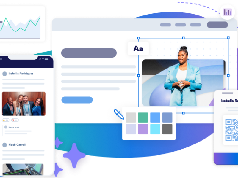 A virtual event page showing engagement analytics, event feeds, attendee registration, and attendee QR code.