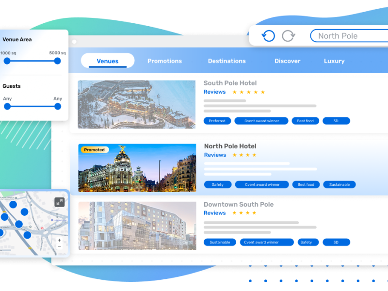 Hotel search interface showing results for ‘North Pole’ with venue filters for area and guests, a list of hotels with ratings and badges (e.g., Preferred, Award winner, Best food, Sustainable), a promoted listing, and a mini map with location pins.