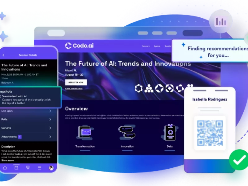 Cvent hero banner showing an event dashboard with AI recommendations and QR badge check-in