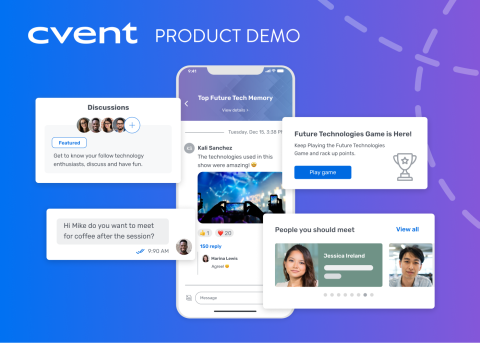 Navattic Demo Library – Attendee Hub Event App, showcasing discussions, featured posts, and a future technologies game.