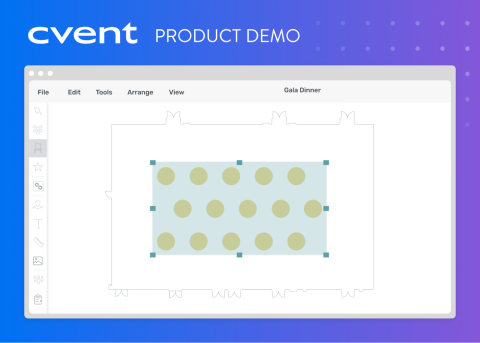Event product demo page with a floor plan for a gala dinner with a circular seating arrangement.
