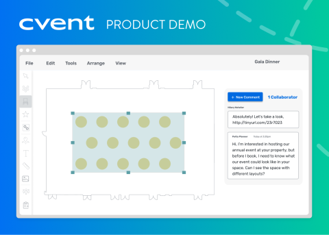 Navattic Demo Library – Event Diagramming for Venues, showing a floor plan with comments from two collaborators.