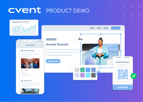 Navattic demo library – event management software with event feeds, QR codes, and a registration button.