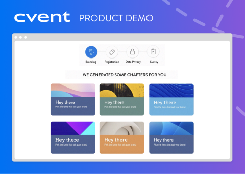 Navattic Demo Library - Cvent Essentials product demo with branding, registration, data privacy, and survey options.