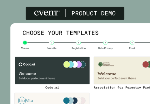 Navattic Demo Library - Cvent Essentials product demo with branding, registration, data privacy, and survey options.