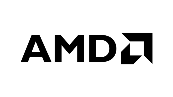 AMD logo featuring black stylized letters on a white background, representing the brand's identity and technology.