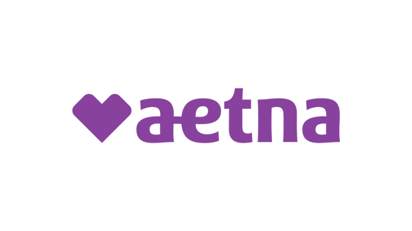 Purple logo for Aetna on a white background with a heart on the left side of it.