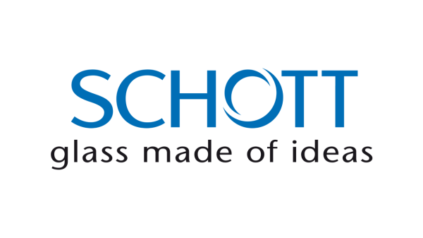 Schott glass made of ideas logo with a blue and white color scheme on a white background.