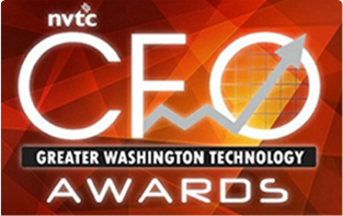 The NVTC CEO Greater Washington Technology Awards with a red and orange background and white text.