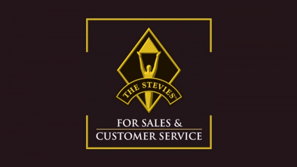 The Stevies award logo for sales and customer service on a black background.