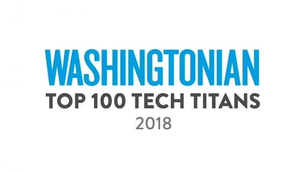 Washingtonian's Top 100 Tech Titans 2018 badge with blue and black text on a white background.