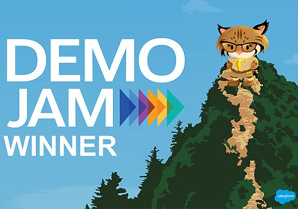 A cartoon cat wearing glasses stands on a mountain with the text "Demo Jam Winner" on it.