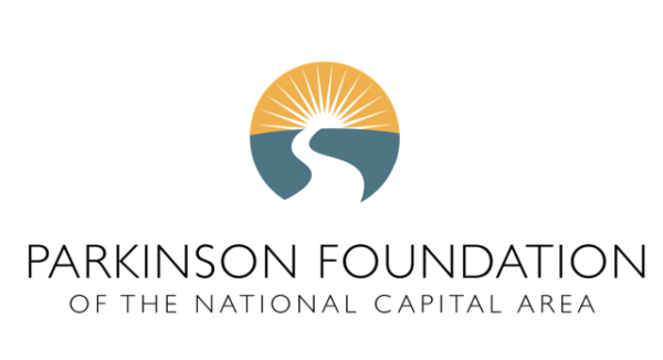 The Parkinson Foundation logo on a black background with a road and sun in the middle.