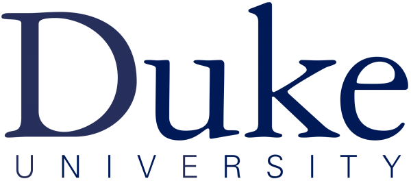 The Duke University logo features a blue text on a black background, emphasizing the university's name.