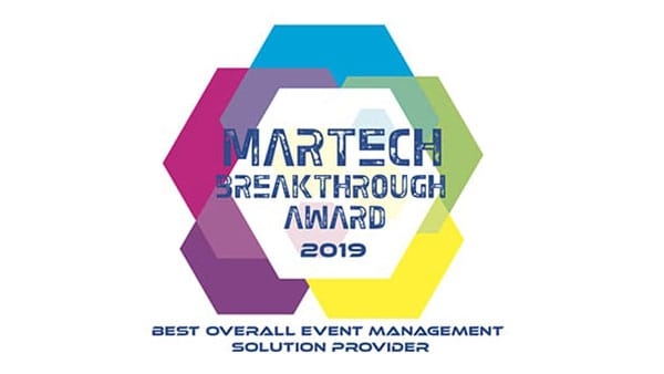 A hexagonal design with vibrant colors and text reading "MarTech Breakthrough Award 2019" on a white background.