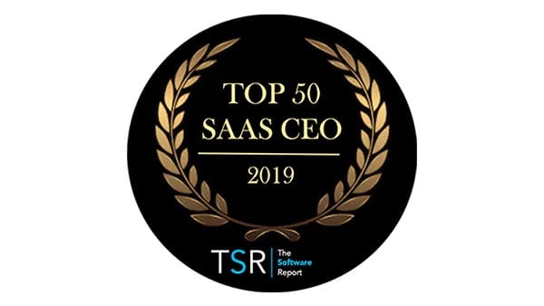 Black circle with laurel wreath and "Top 50 SaaS CEO 2019 TSR The Software Report" written in gold