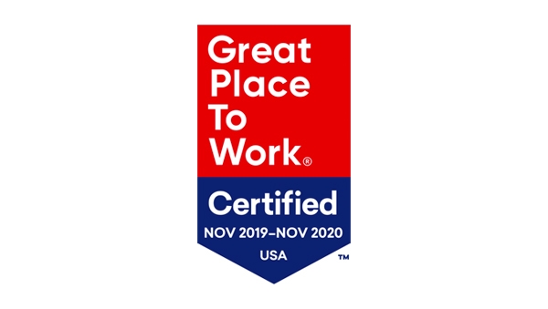 Great Place to Work Certified NOV 2019-NOV 2020 USA logo in red, blue, and white.