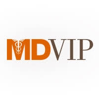 The MDVIP logo features a stylized caduceus symbol in orange and gray on a white background.