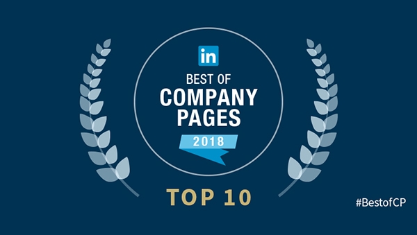 LinkedIn best of company pages 2018 top 10 with a blue background and laurel leaves on either side