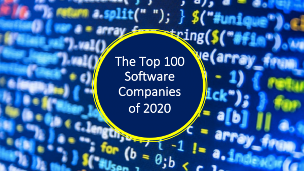 The top 100 software companies of 2020 are written in a circle over a background of codes.