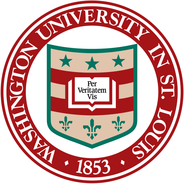 WashU St. Louis seal with a red and white circle on a black background.