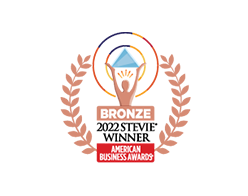 Bronze award for American Business Awards with a blue diamond in flames and a person holding it up.
