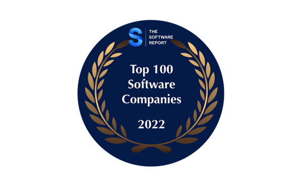 A laurel wreath surrounding the words "Top 100 Software Companies 2022" on a blue background.